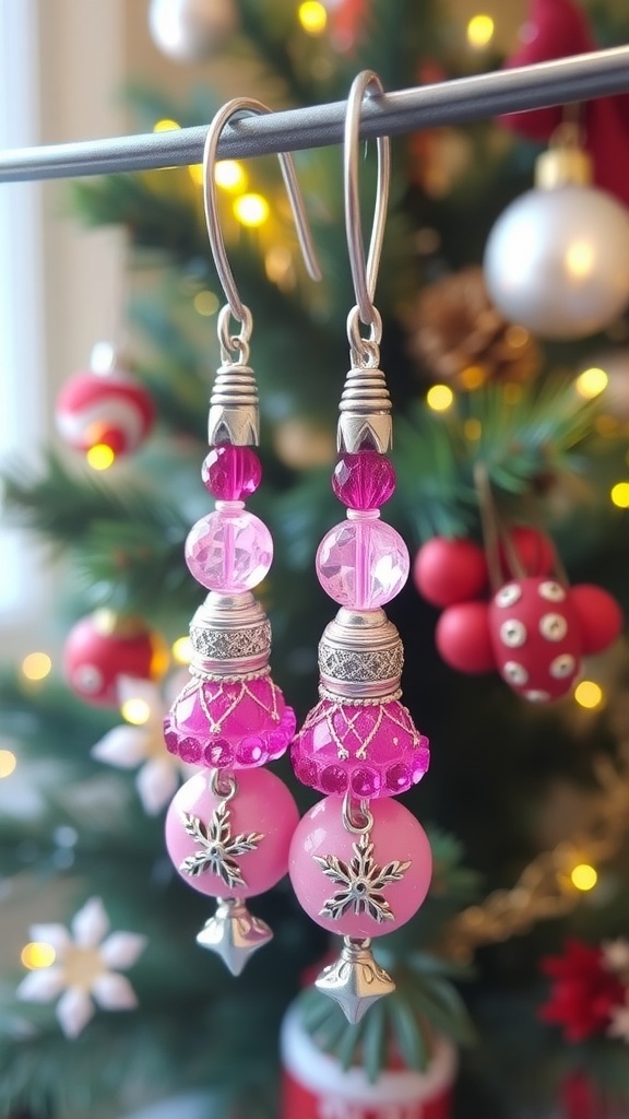 Handmade pink Christmas earrings with beads and charms, displayed with holiday decorations.